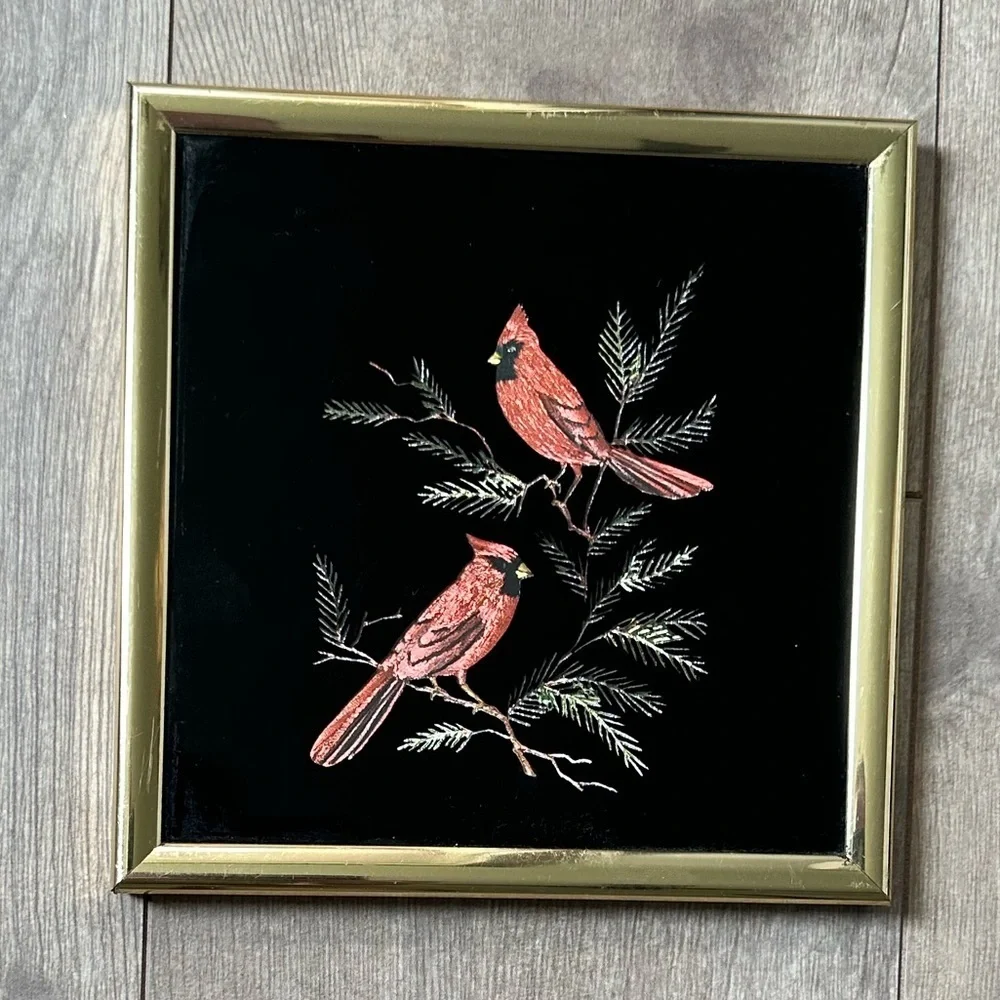 Framed Cardinal Picture Kafka Screened Metal Etching Vintage  Euc  Beautiful